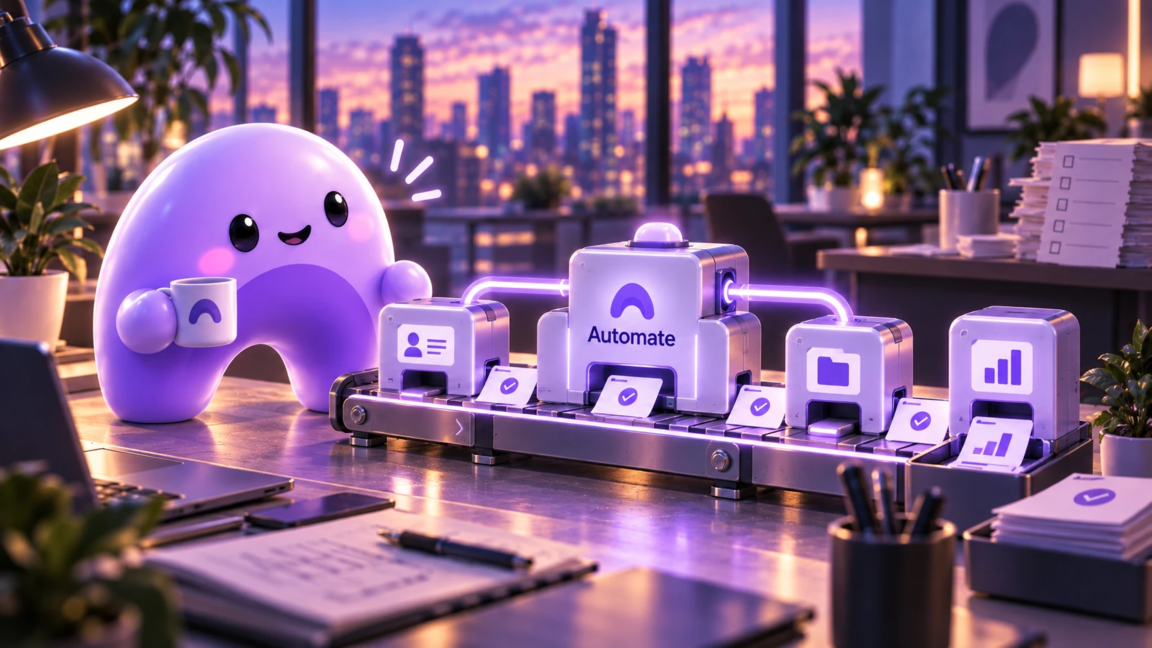 A purple Ariyel mascot watches an automated workflow handle lead intake, follow-up, onboarding, and reporting.