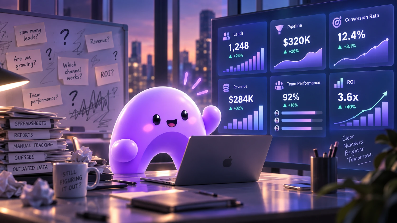 A purple Ariyel mascot reviews a dashboard of lead counts, pipeline value, conversion rate, revenue, team performance, and return on investment.