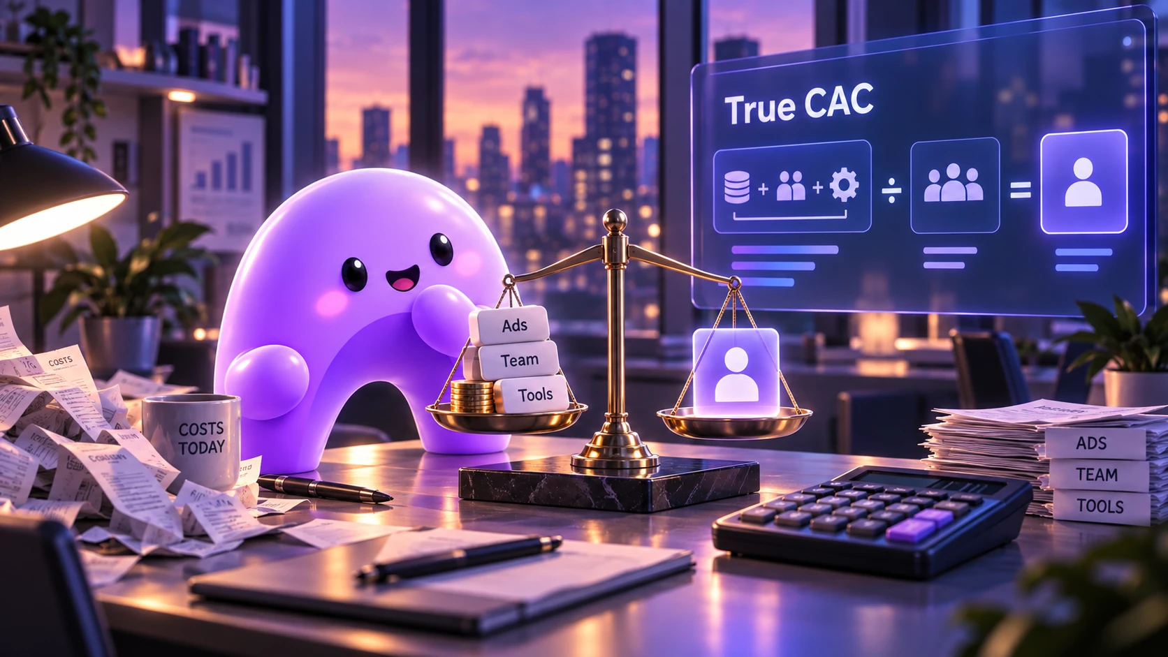 A purple Ariyel mascot weighs advertising, team, and tool costs against a new client to understand true acquisition cost.