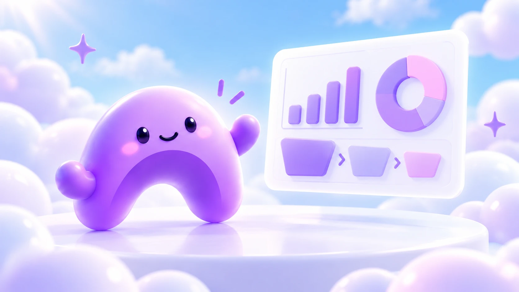 The purple Ariyel character presents a bright dashboard with a bar chart, a circular chart, and a funnel.