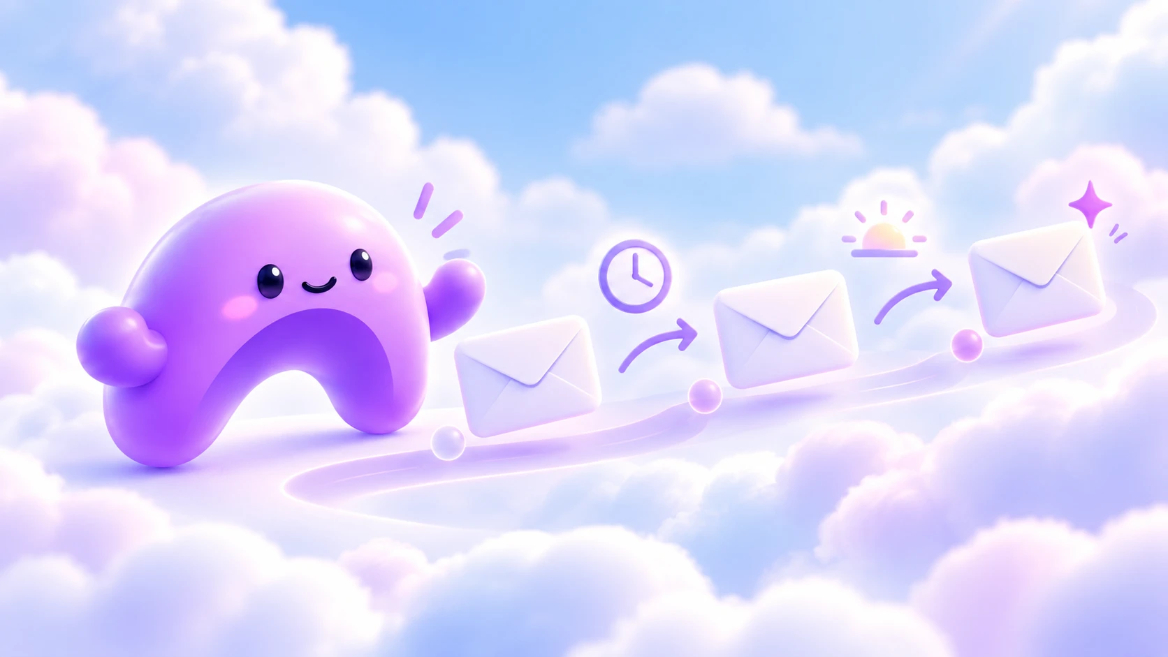 The purple Ariyel character guides envelope cards along a softly curved path with timing symbols.