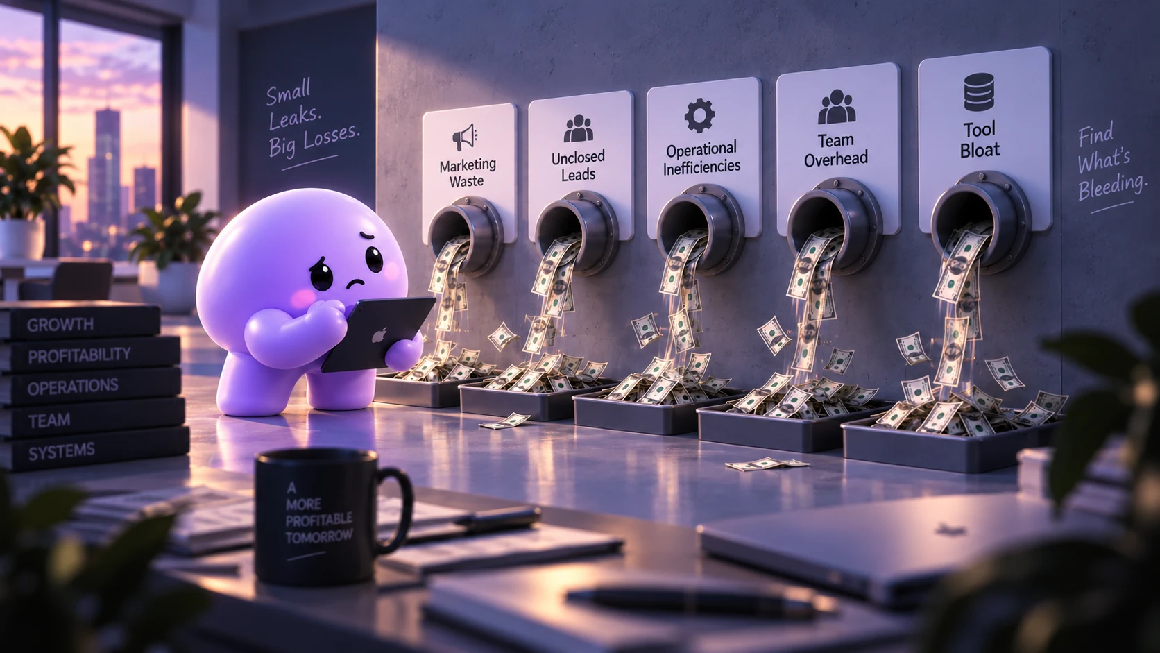 A purple Ariyel mascot watches money pour from five drains representing business costs and inefficiencies.