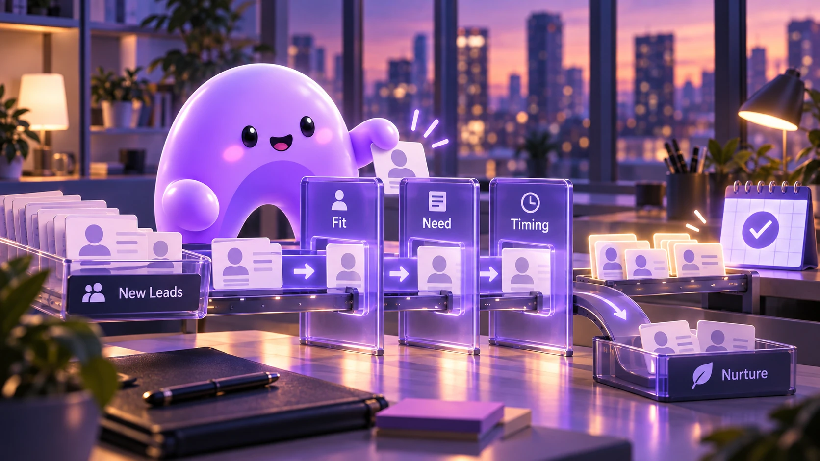 A purple Ariyel mascot sorts incoming leads by fit, need, and timing before directing qualified prospects to a sales calendar.