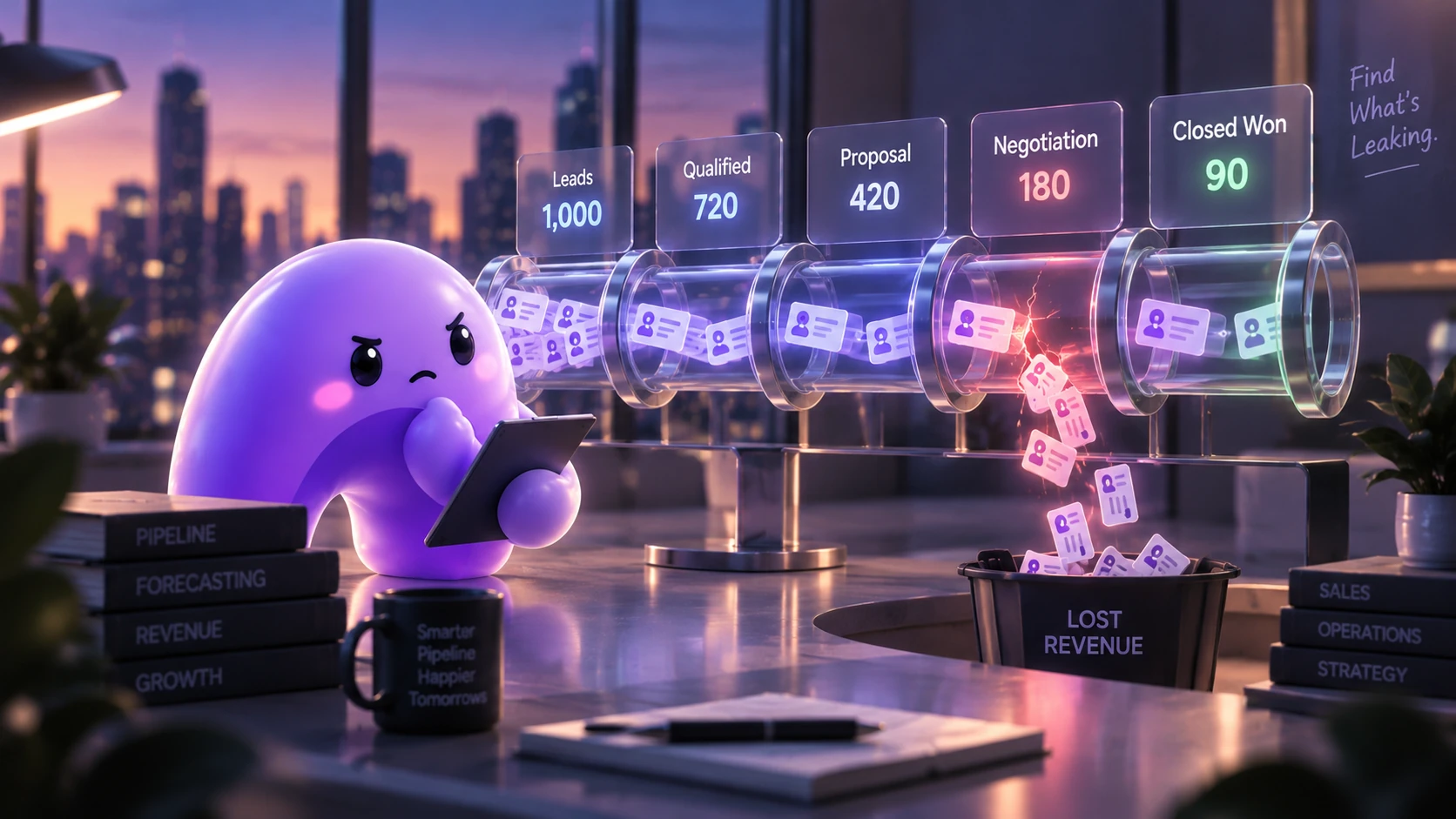 A purple Ariyel mascot examines a transparent sales pipeline with declining lead counts and revenue leaking between stages.