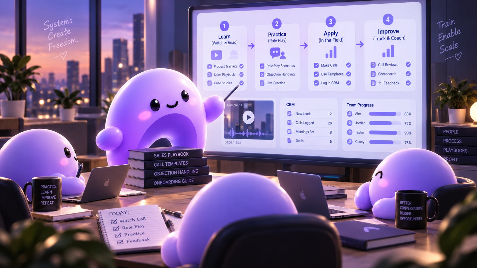 Purple Ariyel mascots learn from a sales training screen covering practice, application, coaching, and individual team progress.