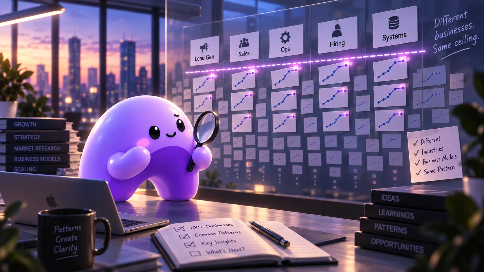 A purple Ariyel mascot studies growth charts from different businesses, each reaching the same scaling ceiling.